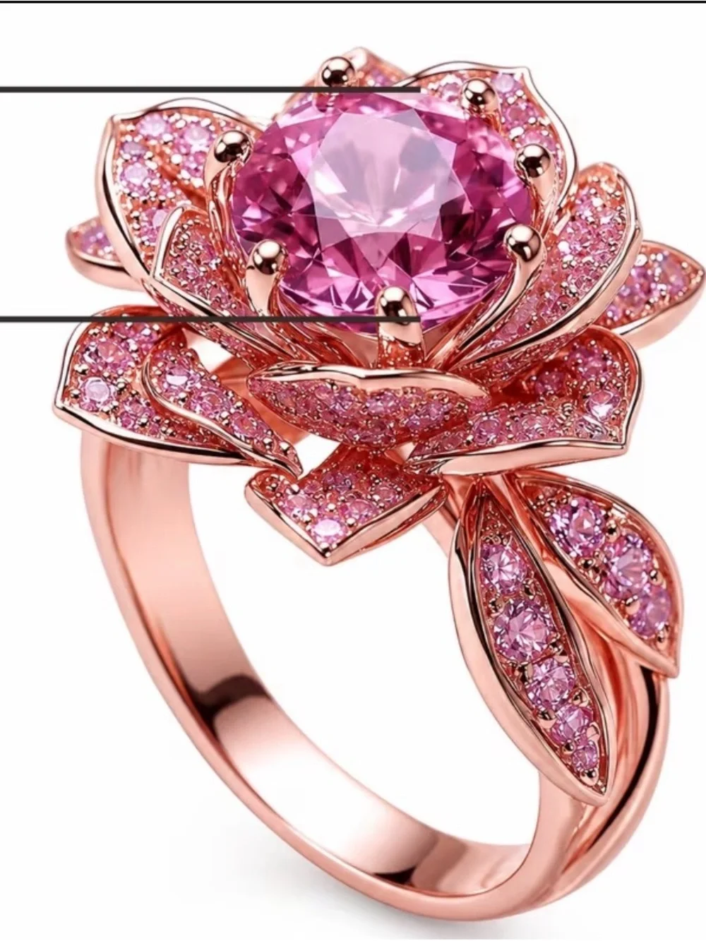 Elegant Pink Flower Cocktail Ring - Rose Gold Tone